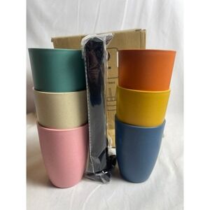 6 Pack Wheat Straw Cups with 6 Reusable Straws Set Multicolor Eco Friendly 12pc